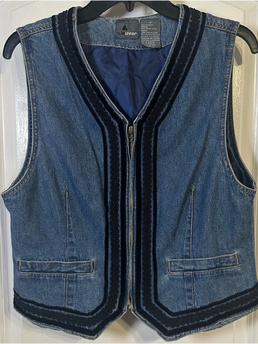 Vintage 90s Lizwear Cropped Denim Vest with Black Velvet Trim cottagecore Size M